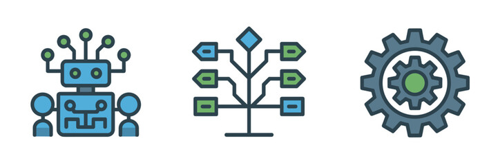 Fototapeta premium Autonomous robot brain and decision tree icons – Ideal for self-operating systems, AI logic, or robotic tech.