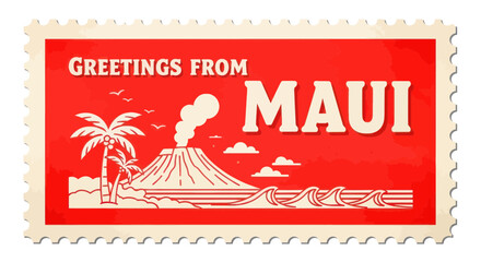 Retro Stamp Greetings From Maui Hawaii Volcano Beach Palm Trees Ocean Waves © rokok