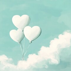 Fototapeta premium Three White Heart Shaped Balloons Gracefully Floating Against a Clear Blue Sky on a Bright Sunny Day