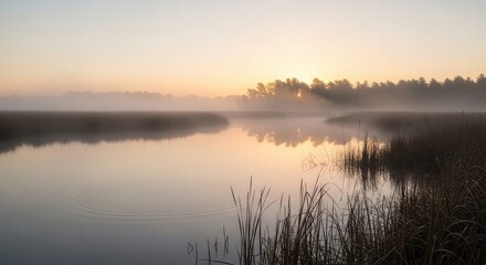 Fototapeta premium Serene Sunrise Over Calm Lake with Mist Rising and Lush Vegetation