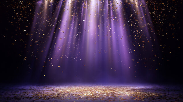 Bright stage lights shining down on an empty performance floor
