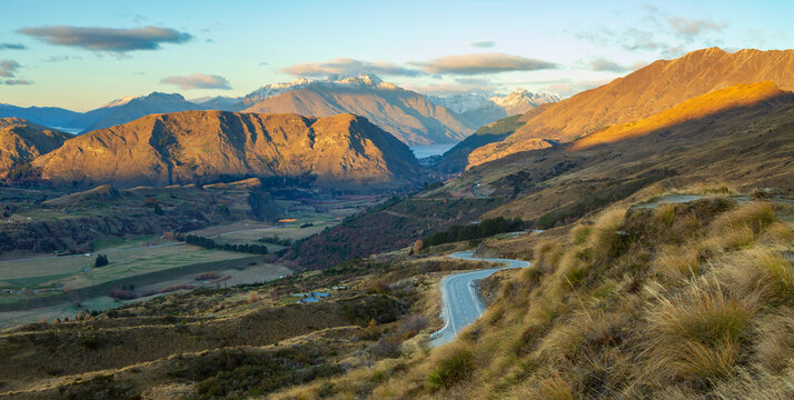 The view from Skippers Road Viewpoint, New Zealand, at dawn, looking towards Queenstown and Lake Wakatipu