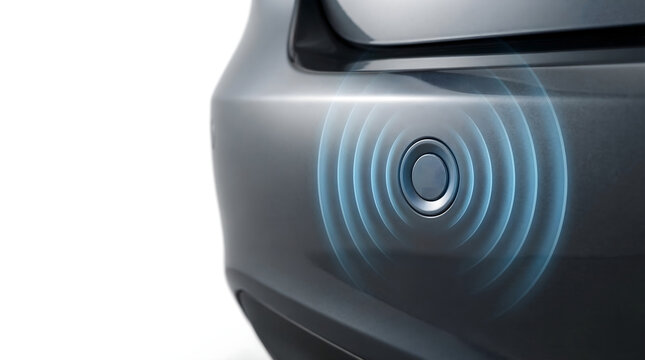 Close up of car rear bumper with parking sensor emitting blue detection waves