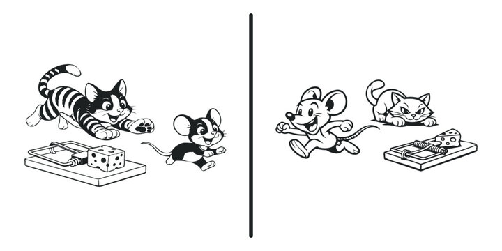 Cute Cat Chasing Mouse Near Mousetrap &ndash; Playful Cartoon Animal Vector Illustration