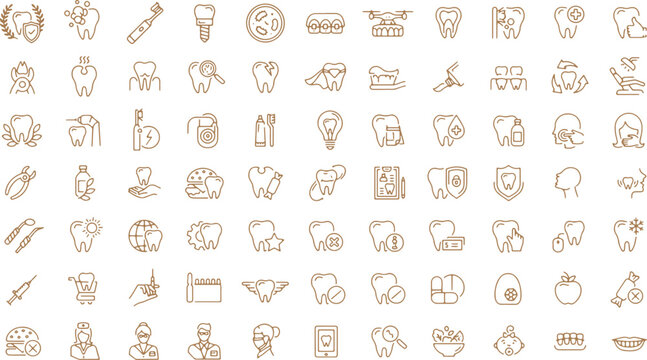 Dental care and health icons set including teeth toothbrushes toothpaste dentists patients food and drink symbols in brown outline on white background