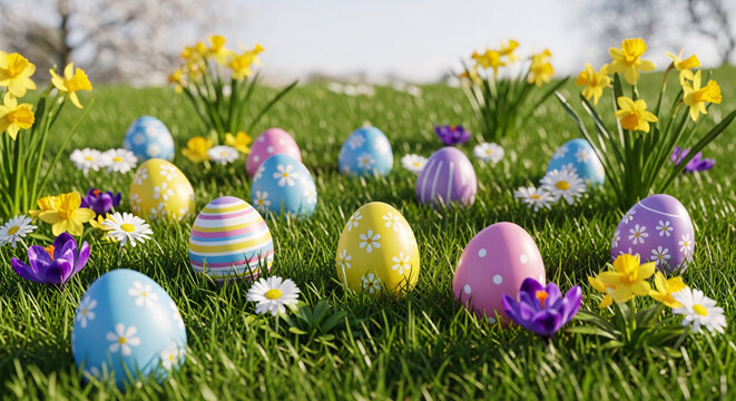 Vibrant decorated Easter eggs nestled among spring flowers outdoors.