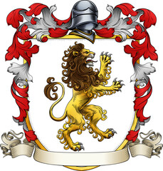 Fototapeta premium A lion coat of arms or crest family heraldry medieval heraldic knight shield with helmet and acanthus filigree scroll ornament in a vintage woodcut style.