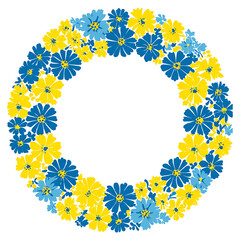 Obraz premium Yellow and blue flowers form a circular pattern on white background