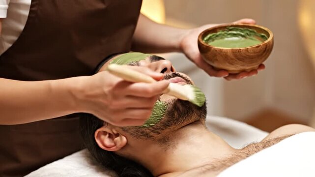 A serene close-up captures a person enjoying a relaxing facial treatment in a tranquil spa environment. An experienced professional meticulously applies a nourishing green mask to the individual's fac