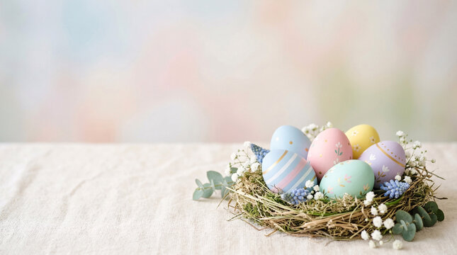A delicate bird's nest cradles pastel Easter eggs on a light surface.