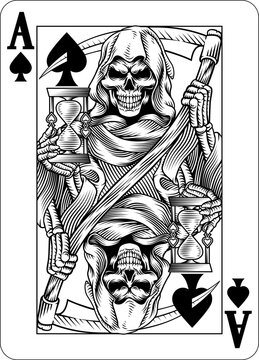 An ace of spades playing card design featuring the grim reaper or death in a vintage retro woodcut style