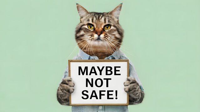 Funny tabby cat holding maybe not safe sign humor concept isolated on light green background studio shot