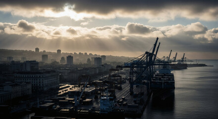 Dramatic Sun Rays Over Bustling Container Port and Cityscape at Sunrise