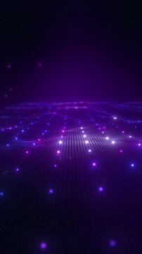 Vertical bstract digital landscape with glowing purple data network and topographic wireframe lines on dark background.