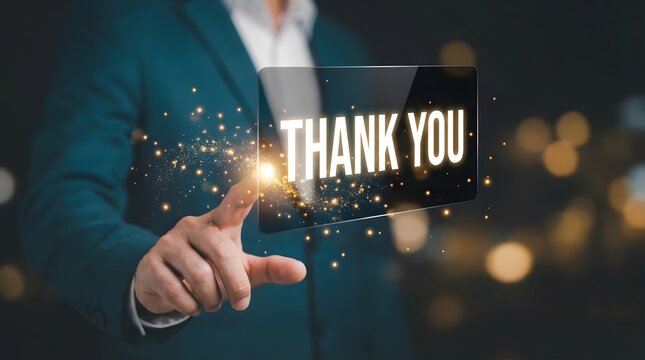 Business professional touching thank you hologram with gratitude and digital technology in modern office background