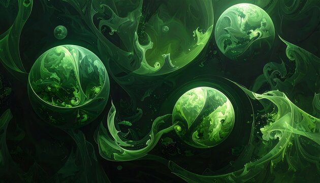 A dark green abstract artwork featuring glowing orbs