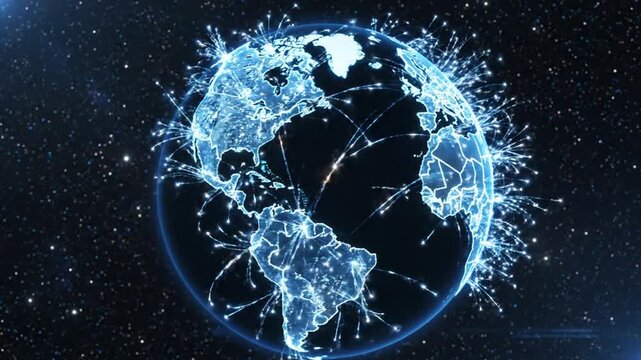 A glowing blue globe with connecting lines and nodes, symbolizing global connections on World Population Day, set against a starry night sky with a dark background.