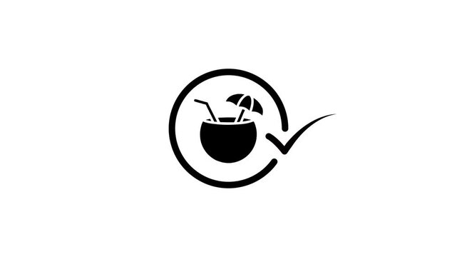 Animated coconut cocktail drink with umbrella and straw, black glyph line icon with check mark, motion graphic video footage
