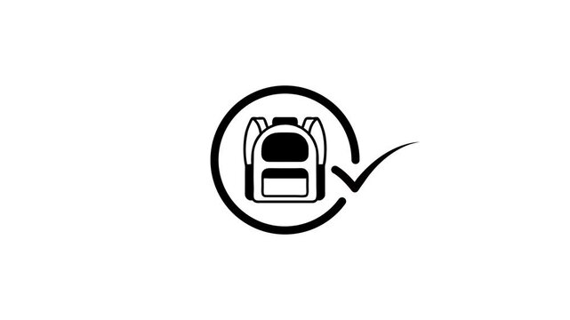 Animated backpack icon with check mark motion graphic on white background symbolizing readiness and success