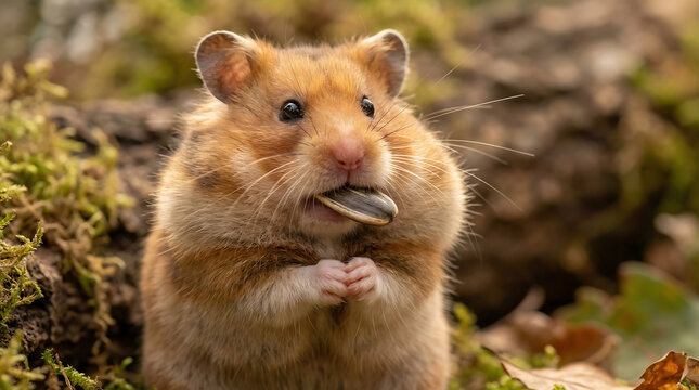 Adorable golden hamster with plump cheeks holding a sunflower seed in its tiny paws