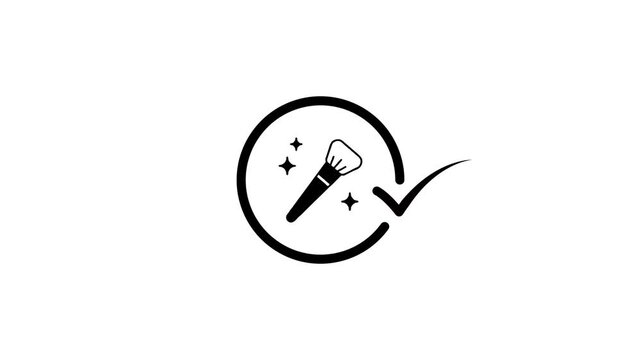 Animated makeup brush icon appearing in black circle with checkmark on white background for beauty and fashion concepts