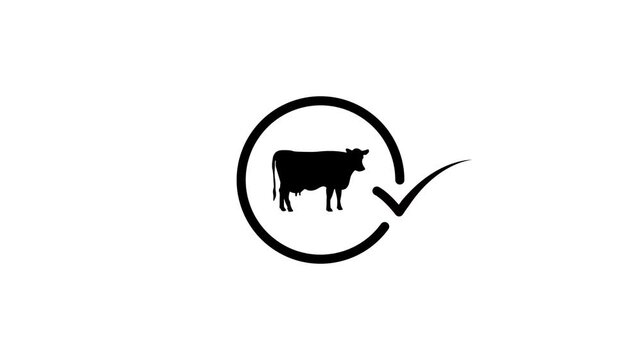 Minimalist animation of black cow silhouette inside circle with checkmark icon on white background representing beef quality