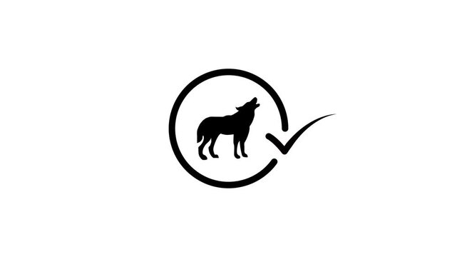 Minimalist logo animation of howling wolf silhouette inside circle with checkmark symbol for brand identity and security