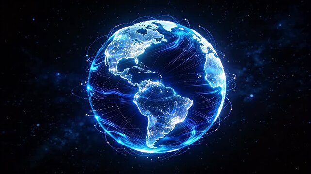 Digital holographic globe of Americas with blue glowing network lines and space background