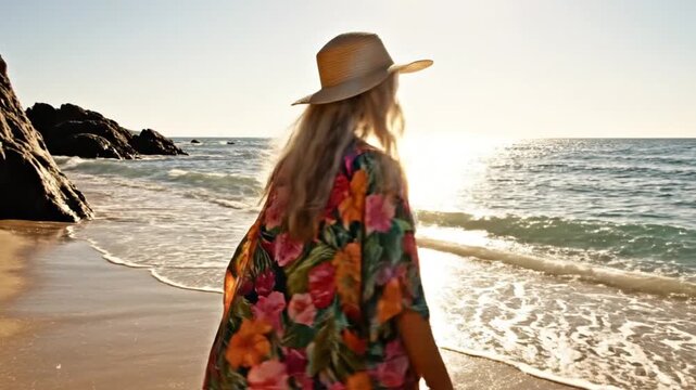 This serene video captures a woman with long, flowing hair and a straw hat, enjoying a peaceful moment on a pristine sandy beach. She wears a white two-piece swimsuit and a vibrant floral cover-up, wa