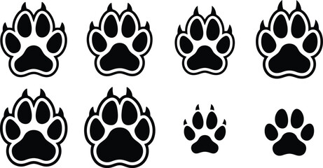 Fototapeta premium Black paw print icons showcasing various sizes and styles for graphic design projects
