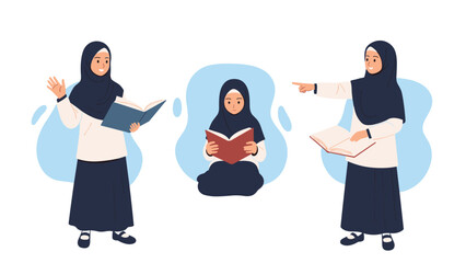 Fototapeta premium Three Muslim girls in hijabs showcasing diverse poses: waving, reading, and pointing with books, symbolizing learning and communication.