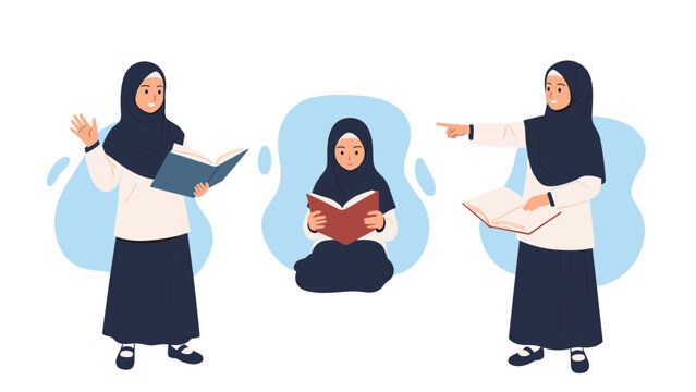 Three Muslim girls in hijabs showcasing diverse poses: waving, reading, and pointing with books, symbolizing learning and communication.