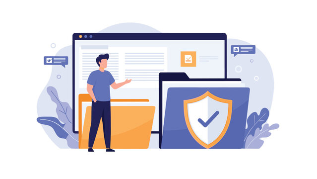Man stands beside open folders, one featuring a shield and checkmark, symbolizing robust data security and efficient file management.