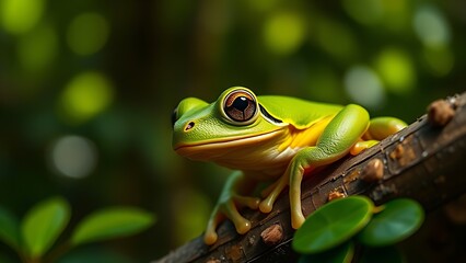 Naklejka premium Close-up portrait of a vibrant green tree frog in its lush rainforest habitat.