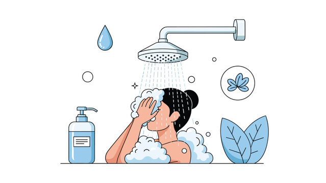Woman enjoys a refreshing shower with shampoo and falling water droplets, symbolizing personal hygiene and self-care routine.