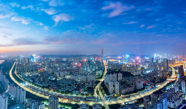 High-rise blue-toned urban landscape in Futian District, Shenzhen, China