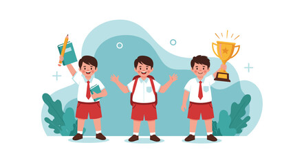 Fototapeta premium Three cheerful schoolboys in uniform, one with books, one celebrating, and one holding a trophy, representing academic success and achievement.