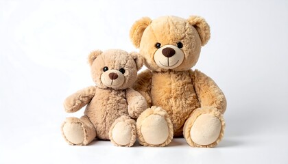 Fototapeta premium Two adorable teddy bears sitting together on a white background.