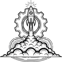 Fototapeta premium Hand-drawn astronaut launching into space with gear and clouds Vector