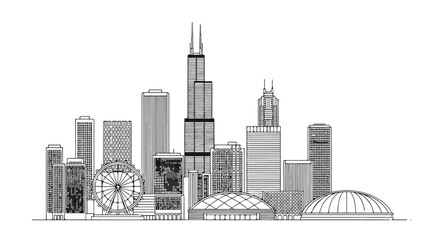 Fototapeta premium Grayscale illustration of a city skyline with skyscrapers, a ferris wheel, and domed buildings against a white background.