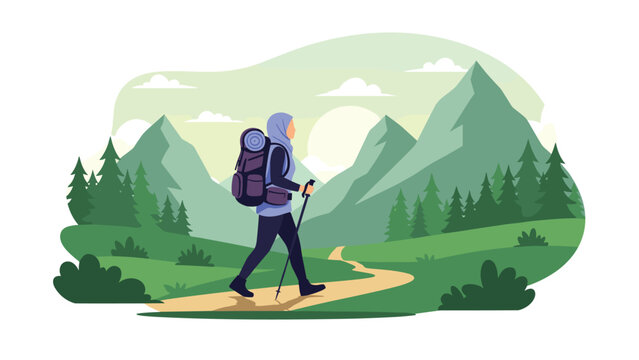 Adventurous Muslim woman in a hijab, equipped with a backpack and trekking poles, confidently hikes along a scenic mountain path.