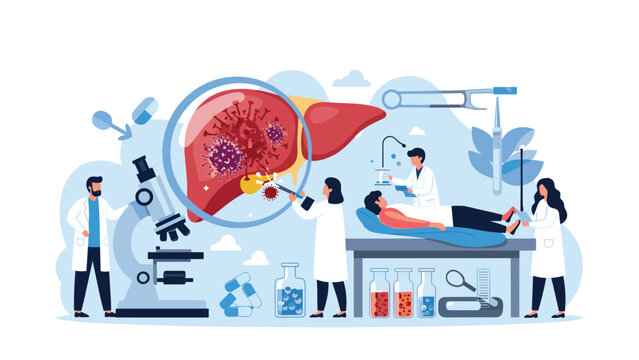 Medical professionals meticulously examine a magnified liver infected with viruses, symbolizing crucial research and treatment development for liver diseases.