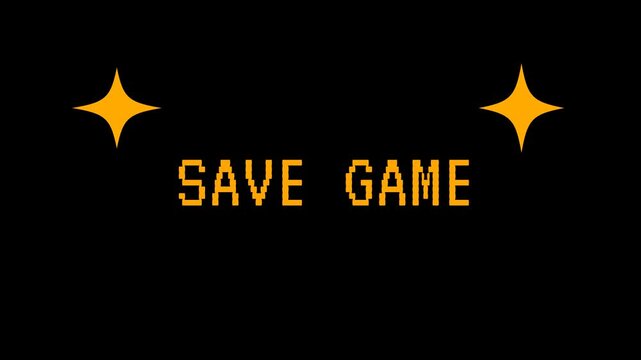 Retro video game interface displaying save game message with glittering star effects. 4K video animation for video game.