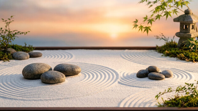 A serene Japanese Zen garden features raked sand and stones at sunset.
