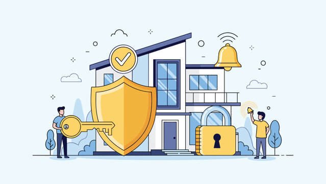 Modern house fortified with comprehensive security elements, including a giant shield, sturdy lock, key, and alarm bell, symbolizing robust home security and property protection.