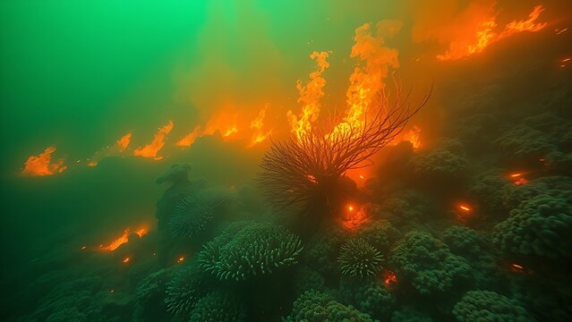 A terrifyingly beautiful underwater scene where the coral reef is consumed by an acidic neon-green and orange haze.