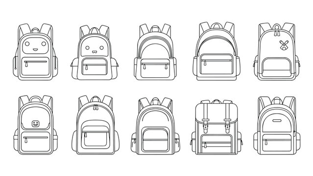 Extensive collection of ten detailed outline drawings showcasing diverse backpack designs, perfect for various school, travel, or fashion themes.