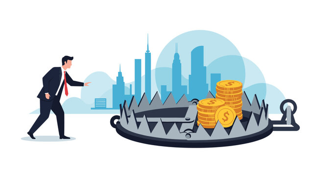 Cautious businessman approaches a dangerous bear trap baited with golden coins, representing significant financial risk, hidden traps, or potential scams.