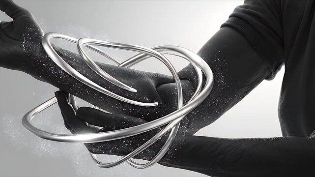 Close up of a grayscale human arm with glowing elbow joint and metallic rings swirling around it on a light background