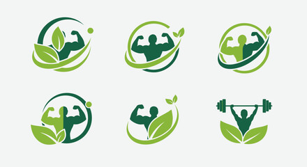 Obraz premium Eco Fitness Logo Set – Green Gym and Healthy Lifestyle Vector Collection